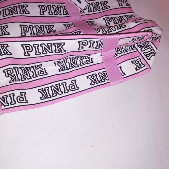 Victoria Secret PINK Tote Bag Pink White Stripe Logo Print Zip Closure Shoulder - Picture 8 of 12